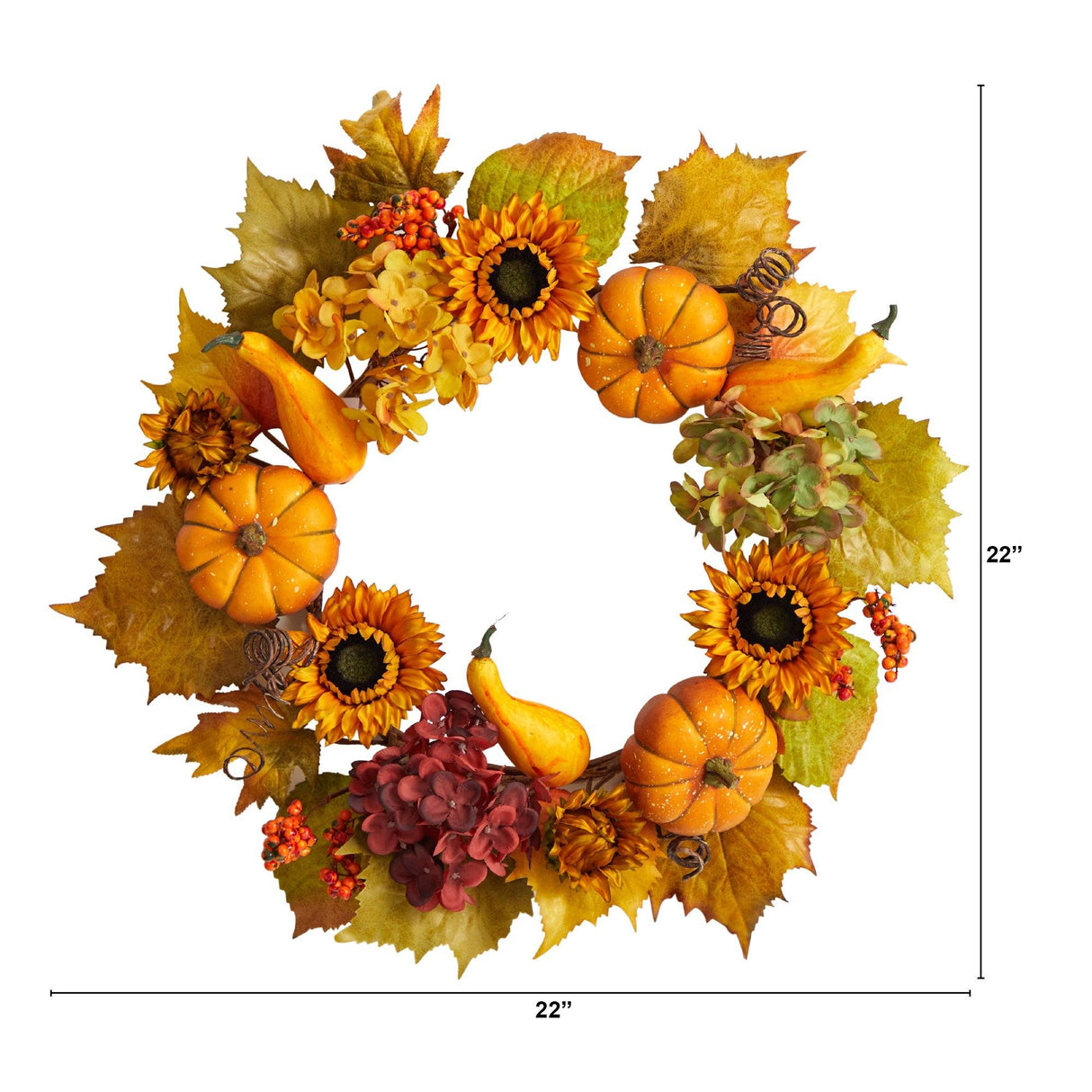 22” Autumn Hydrangea, Pumpkin and Sunflower Artificial Fall Wreath by Nearly Natural