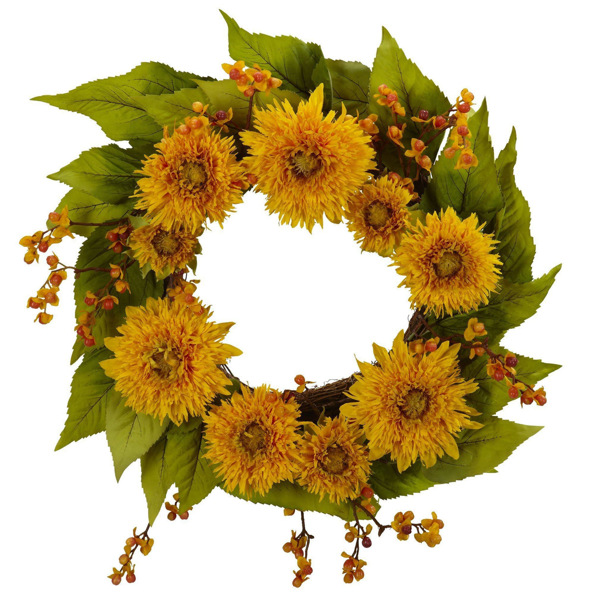 22" Golden Sunflower Wreath" by Nearly Natural