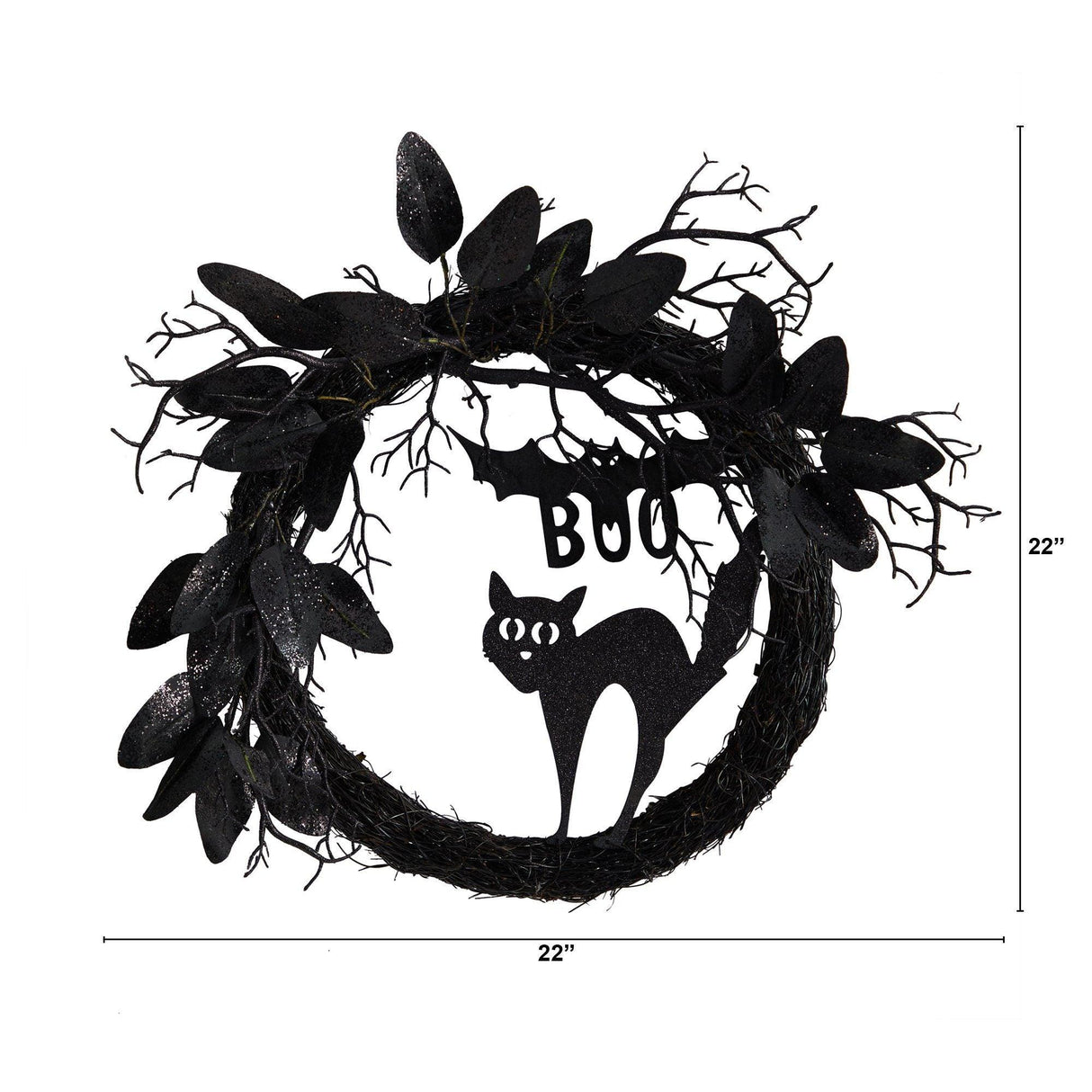 22” Halloween Black Cat and Bat Boo Twig Wreath by Nearly Natural - Vysn