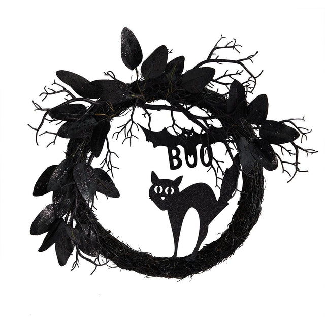 22” Halloween Black Cat and Bat Boo Twig Wreath by Nearly Natural - Vysn