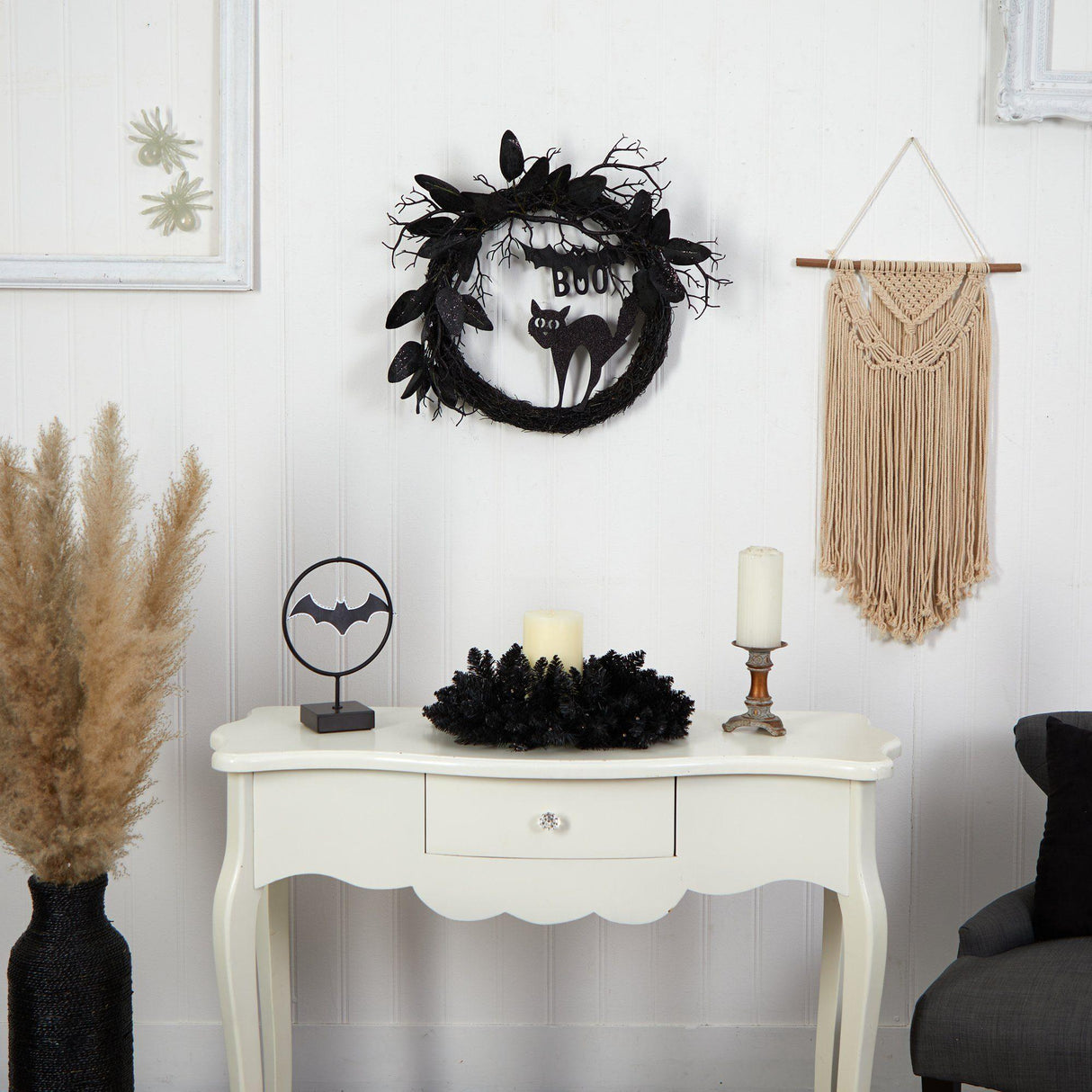 22” Halloween Black Cat and Bat Boo Twig Wreath by Nearly Natural - Vysn