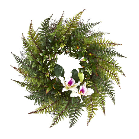 23” Assorted Fern and Cattleya Orchid Artificial Wreath by Nearly Natural