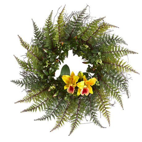 23” Assorted Fern and Cattleya Orchid Artificial Wreath by Nearly Natural