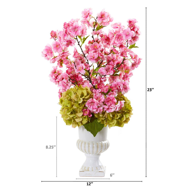 23” Hydrangea and Cherry Blossom Artificial Arrangement in White Urn by Nearly Natural