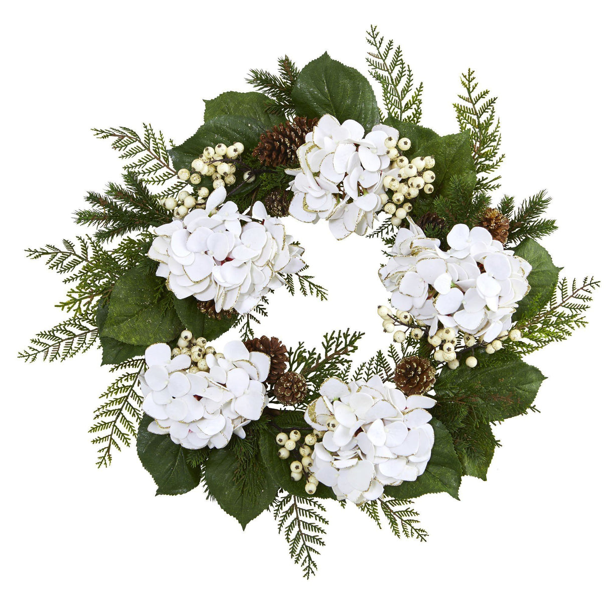 24” Artificial Hydrangea & Berry Gold Trimmed Wreath by Nearly Natural