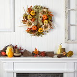 24” Fall Pumpkin, Sunflower Artificial Autumn Wreath with Decorative Ribbon by Nearly Natural