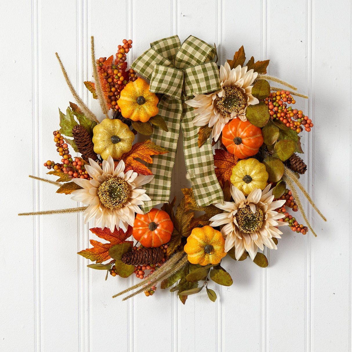 24” Fall Pumpkin, Sunflower Artificial Autumn Wreath with Decorative Ribbon by Nearly Natural