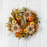 24” Fall Pumpkin, Sunflower Artificial Autumn Wreath with Decorative Ribbon by Nearly Natural