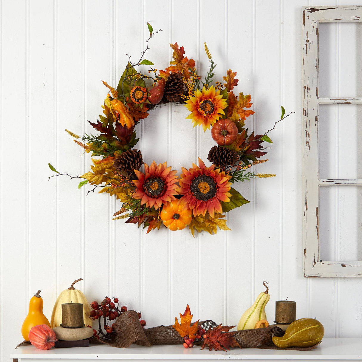 24” Fall Sunflower, Pumpkin, Gourds, Pinecone and Berries Autumn Artificial Wreath by Nearly Natural