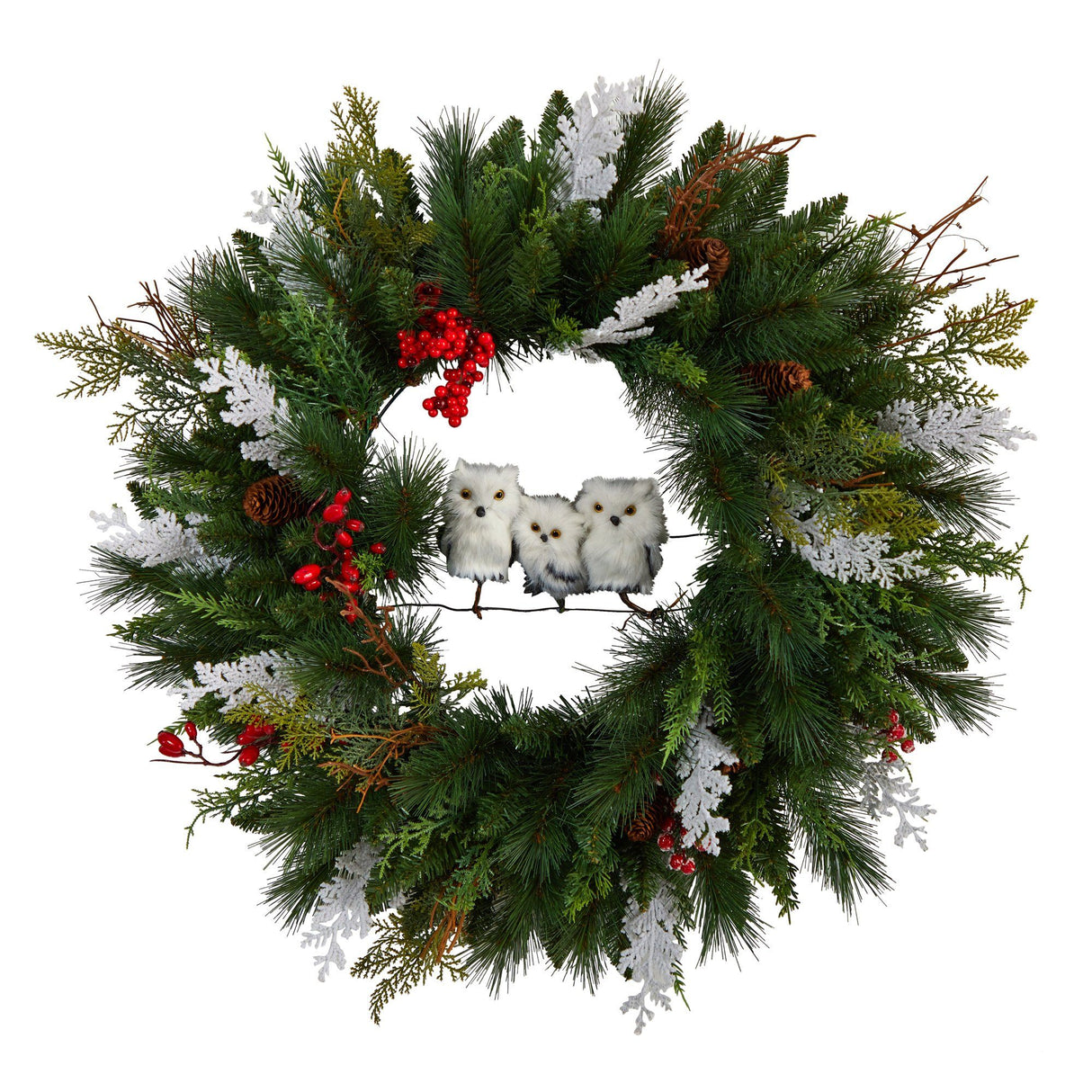 24” Holiday Winter Owl Family Pinecone Berry Christmas Artificial Wreath by Nearly Natural