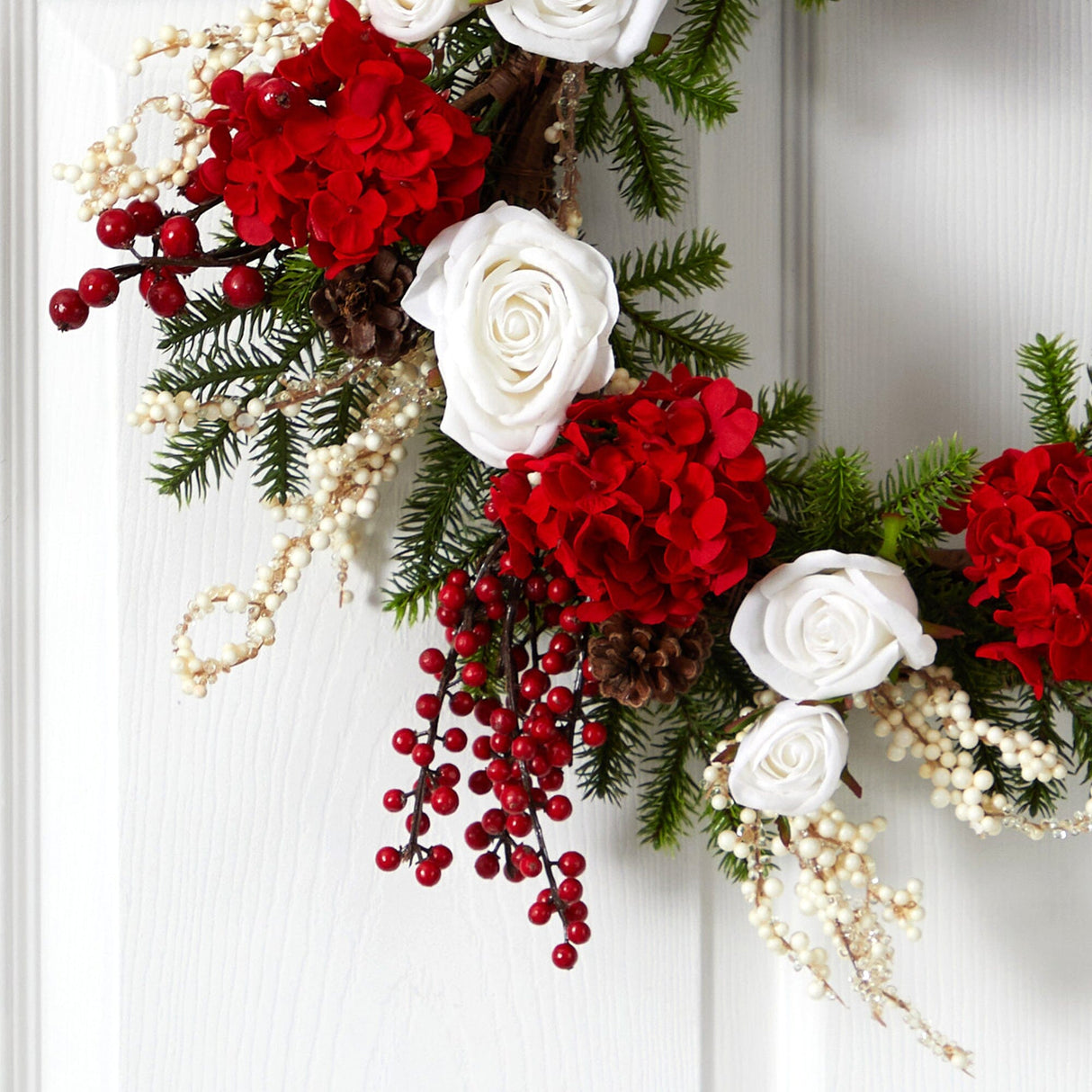 24" Hydrangea w/White Roses Wreath" by Nearly Natural