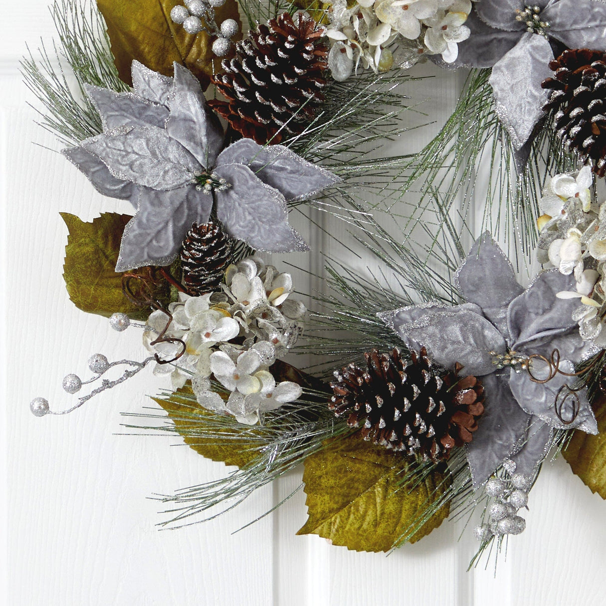 24” Silver Poinsettia, Hydrangea and Pinecones Artificial Christmas Wreath by Nearly Natural