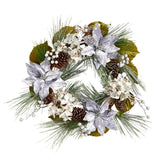 24” Silver Poinsettia, Hydrangea and Pinecones Artificial Christmas Wreath by Nearly Natural