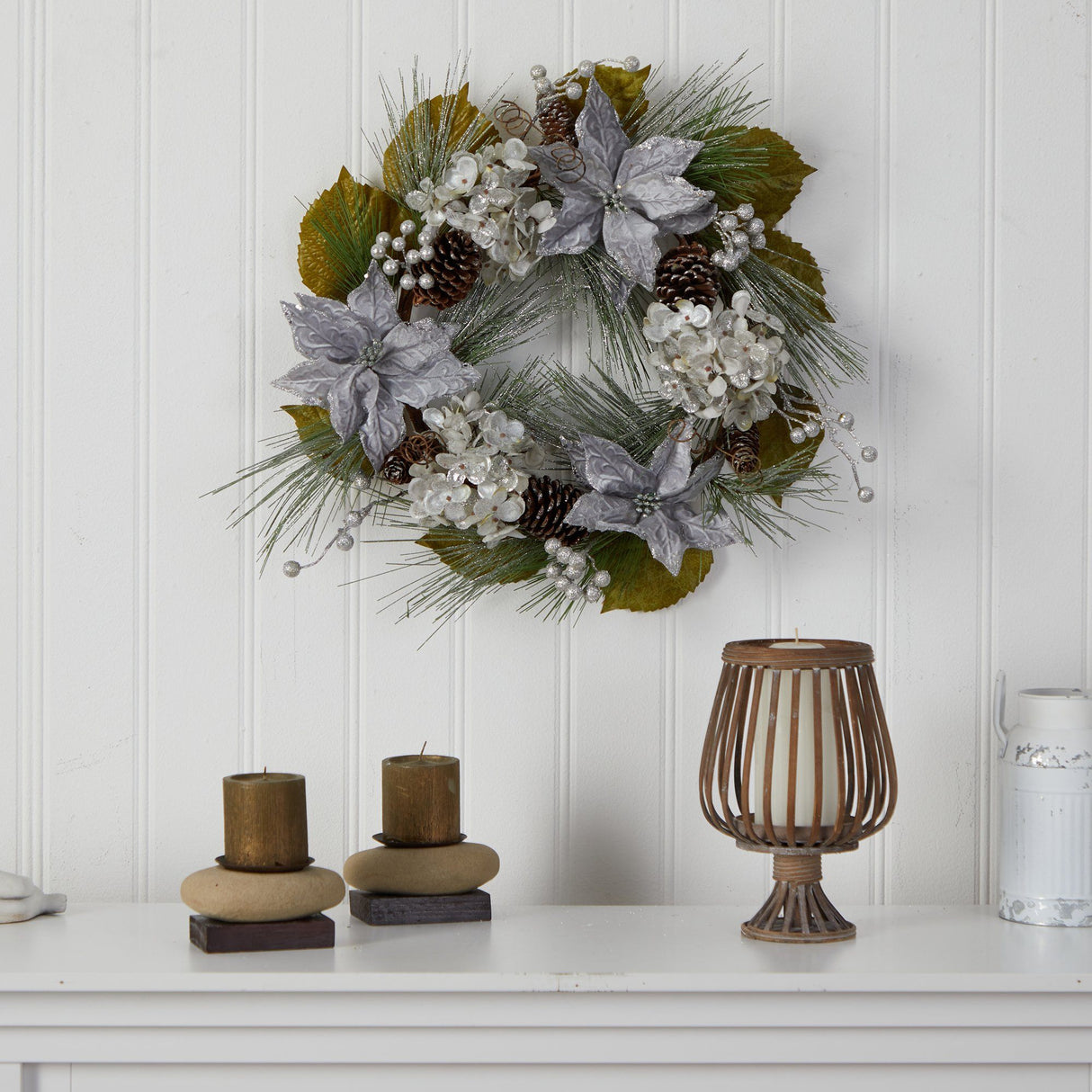 24” Silver Poinsettia, Hydrangea and Pinecones Artificial Christmas Wreath by Nearly Natural