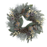 24” Snow Tipped Holiday Artificial Wreath with Berries, Pine Cones and Ornaments by Nearly Natural