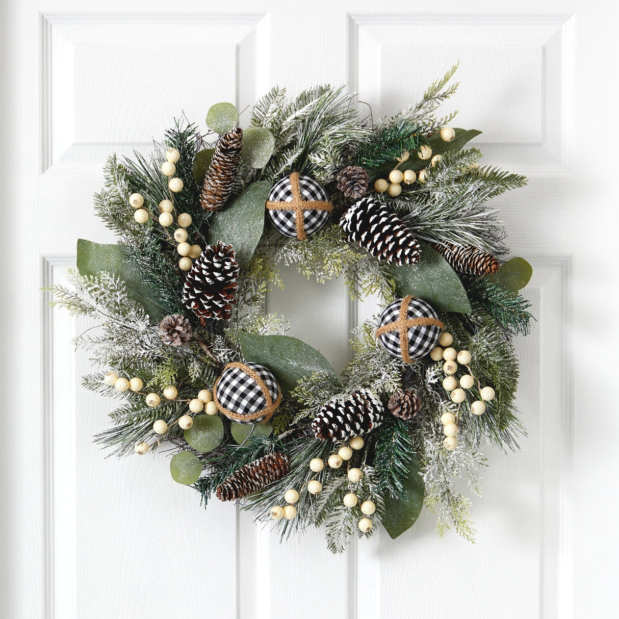 24” Snow Tipped Holiday Artificial Wreath with Berries, Pine Cones and Ornaments by Nearly Natural