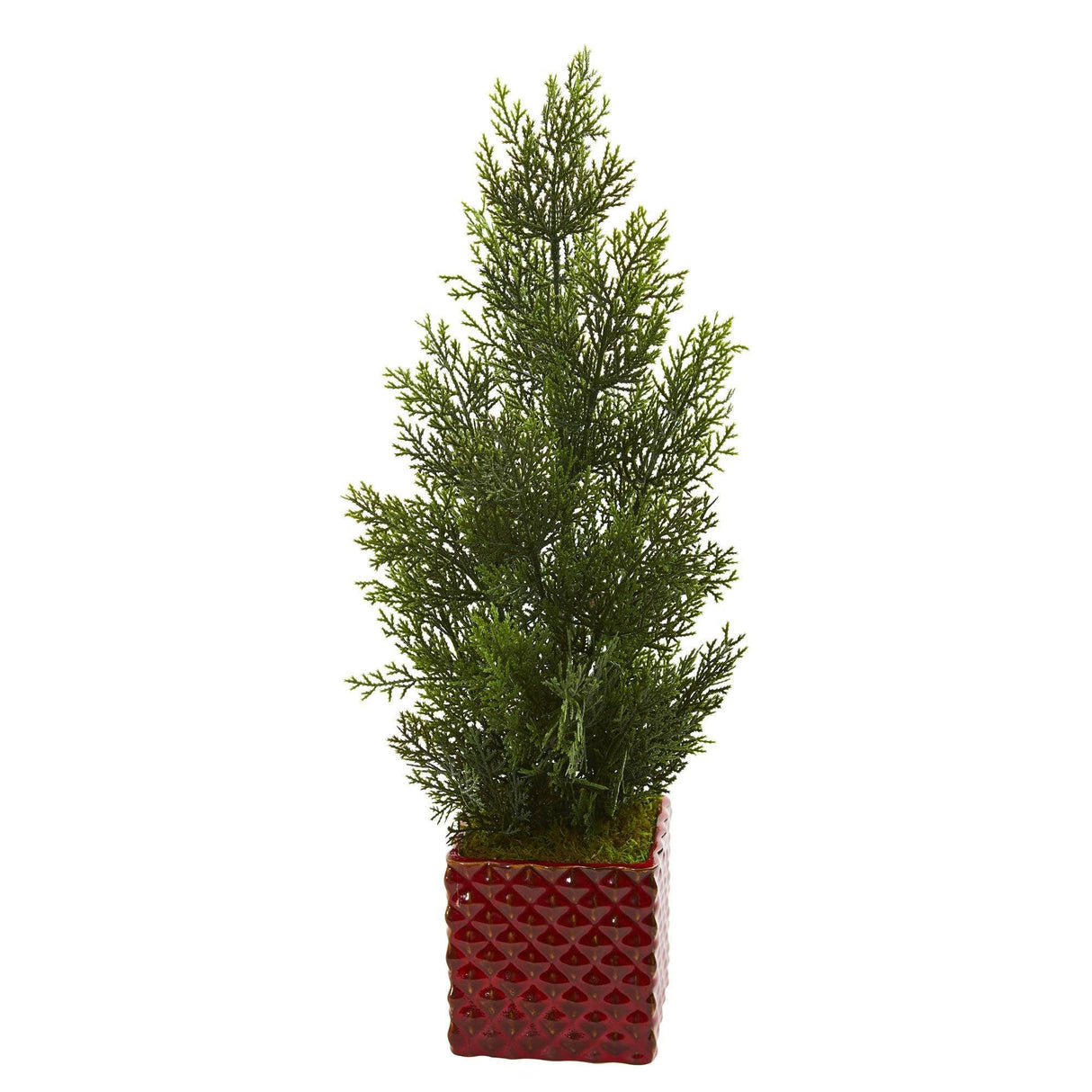 25” Mini Cedar Pine Artificial Tree in Red Planter (Indoor/Outdoor) by Nearly Natural