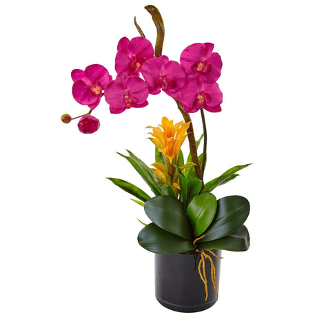 26” Orchid and Bromeliad in Glossy Black Cylinder by Nearly Natural