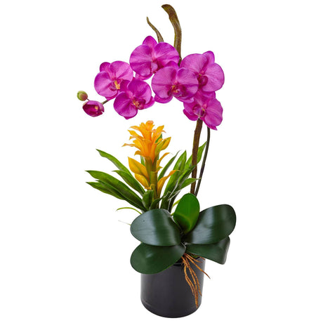 26” Orchid and Bromeliad in Glossy Black Cylinder by Nearly Natural