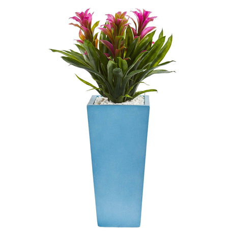 26” Triple Bromeliad Artificial Plant in Turquoise Tower Vase by Nearly Natural