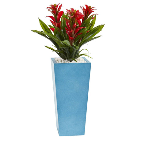 26” Triple Bromeliad Artificial Plant in Turquoise Tower Vase by Nearly Natural