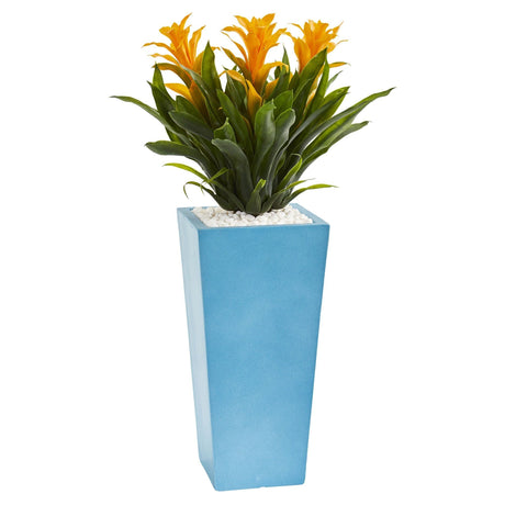 26” Triple Bromeliad Artificial Plant in Turquoise Tower Vase by Nearly Natural