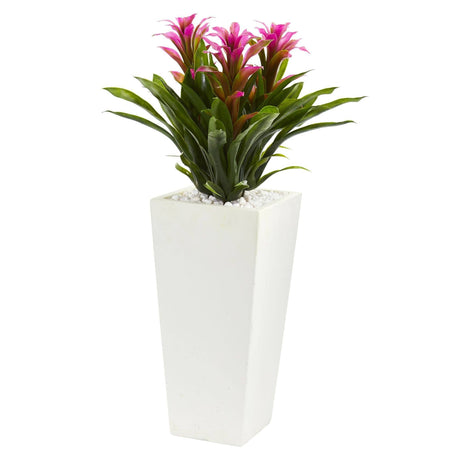 26” Triple Bromeliad Plant in White Tower Planter by Nearly Natural