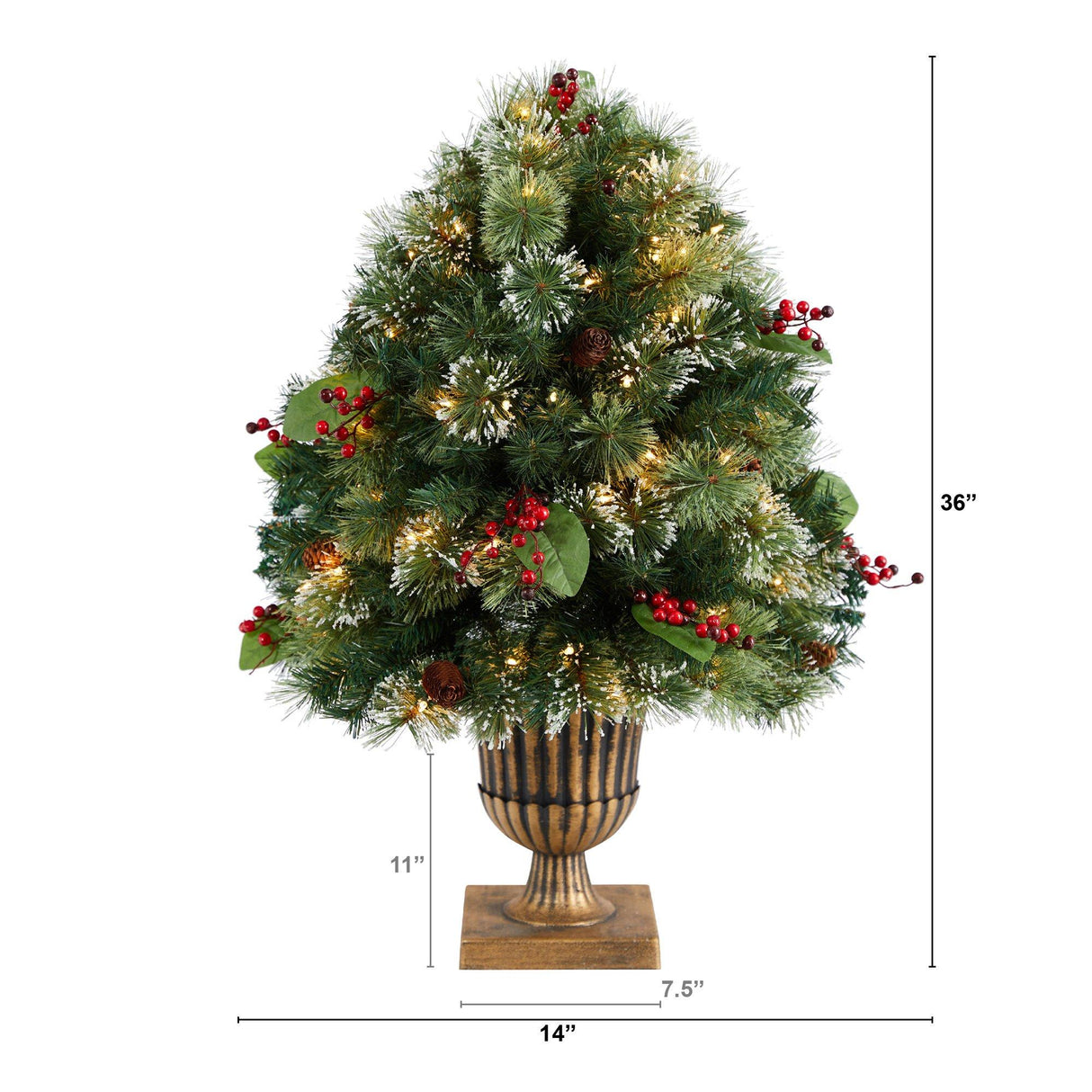 3' Holiday Pre-Lit Snow Tip Greenery, Berries and Pinecones Plant in Urn with 100 LED Lights by Nearly Natural