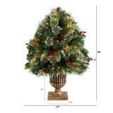 3' Holiday Pre-Lit Snow Tip Greenery, Berries and Pinecones Plant in Urn with 100 LED Lights by Nearly Natural