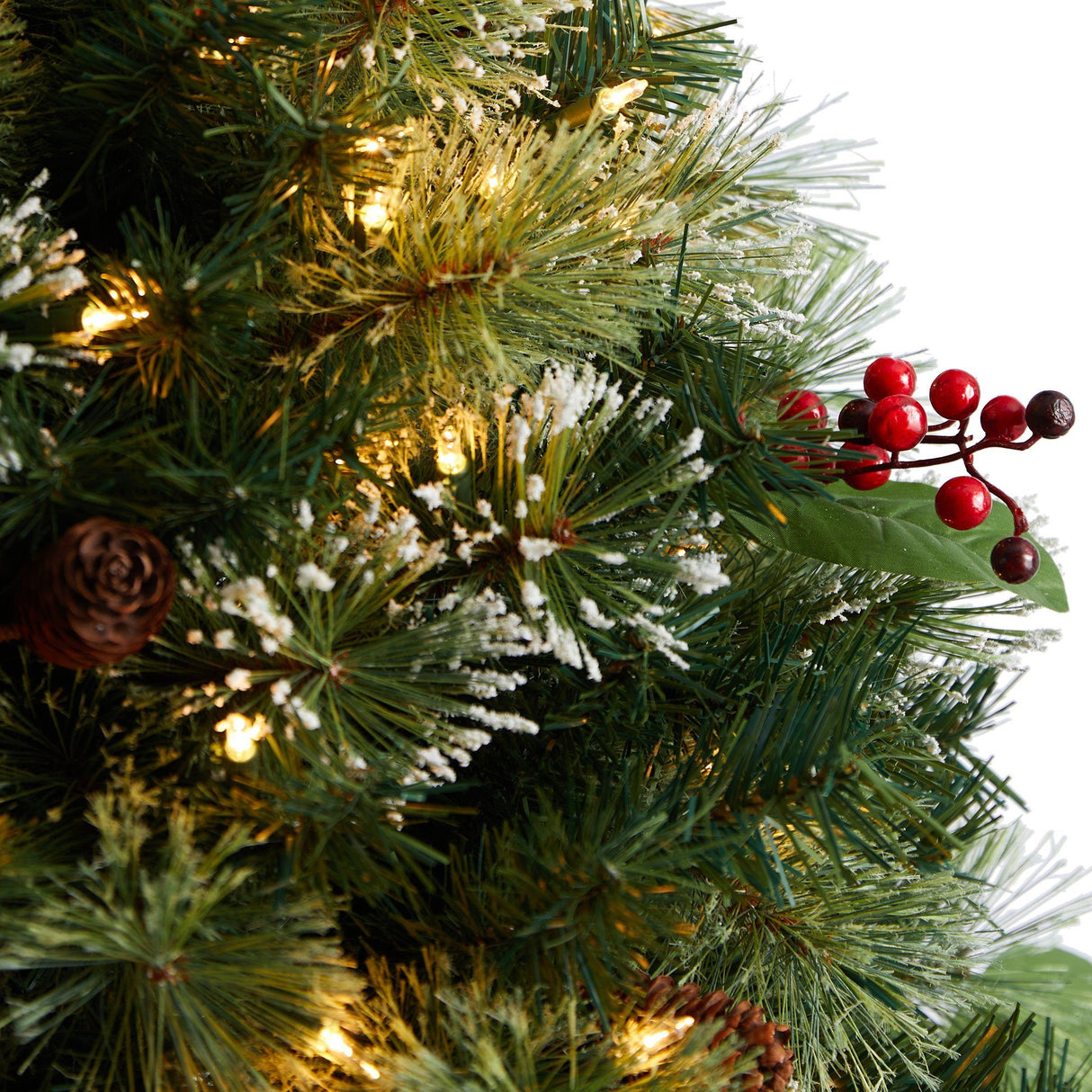 3' Holiday Pre-Lit Snow Tip Greenery, Berries and Pinecones Plant in Urn with 100 LED Lights by Nearly Natural