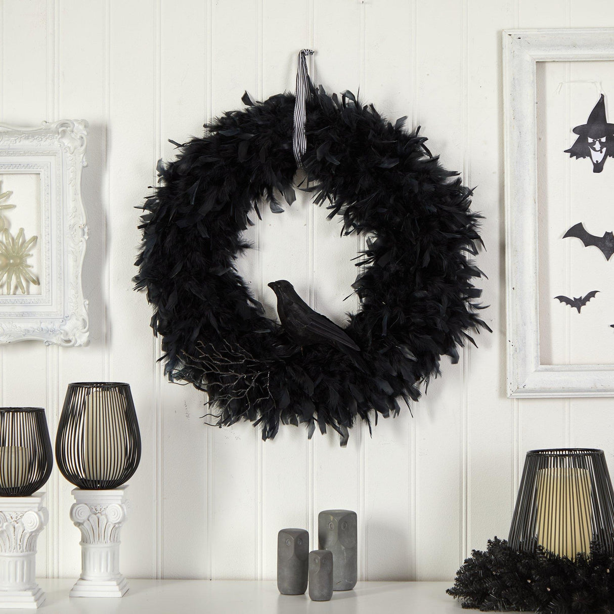 30" Halloween Raven Feather Wreath" by Nearly Natural - Vysn