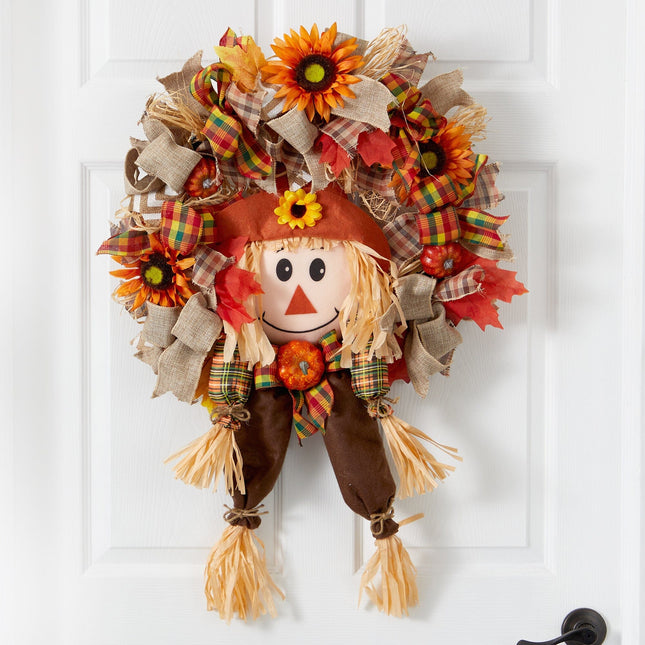 30” Scarecrow Fall Artificial Autumn Wreath with Sunflower, Pumpkin and Decorative Bows by Nearly Natural
