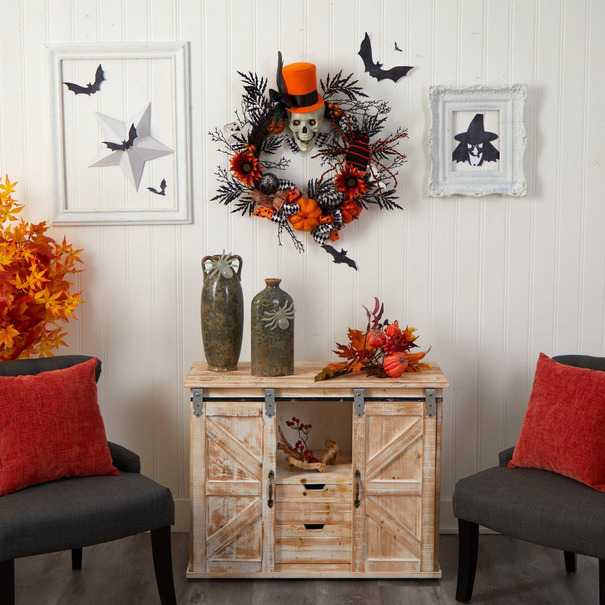 30” Spider and Skull with Top Hat Halloween Wreath by Nearly Natural - Vysn