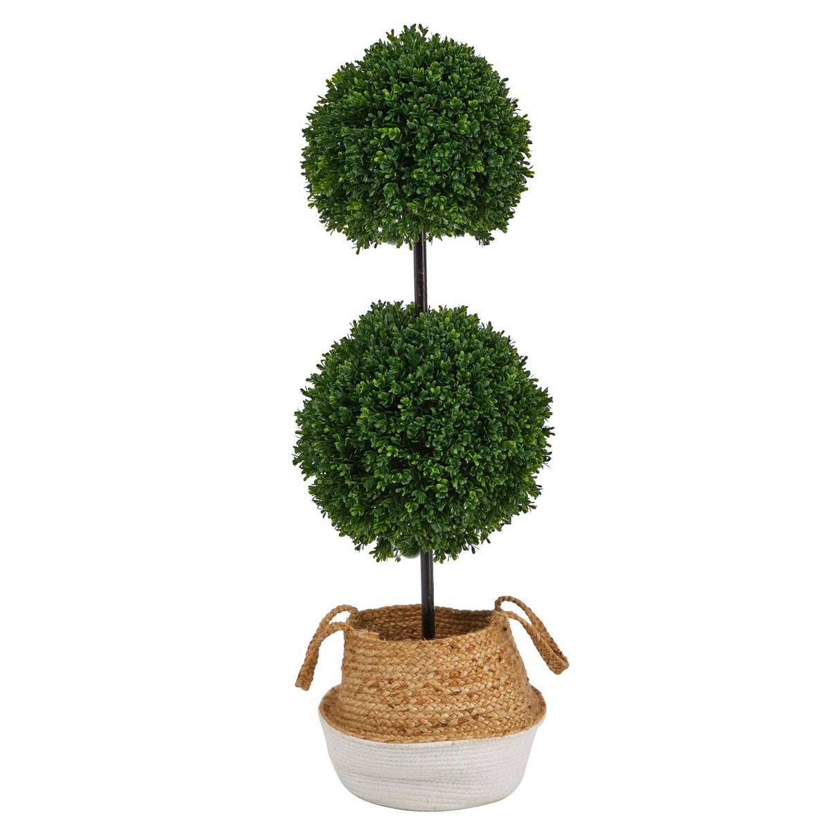 3.5’ Boxwood Double Ball Topiary Tree in Boho Chic Handmade Cotton & Jute Planter UV Resistant by Nearly Natural