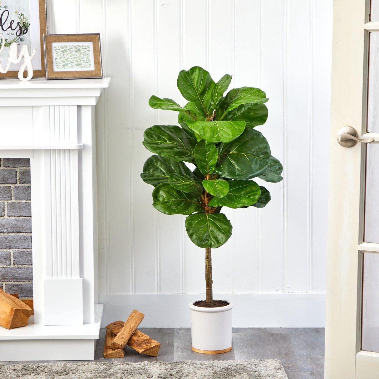 3.5’ Fiddle Leaf Artificial Tree in White Ceramic Planter by Nearly Natural