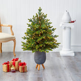 3.5’ North Carolina Fir Artificial Christmas Tree with 150 Clear Lights and 563 Bendable Branches in Gray Planter with Stand by Nearly Natural