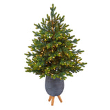 3.5’ North Carolina Fir Artificial Christmas Tree with 150 Clear Lights and 563 Bendable Branches in Gray Planter with Stand by Nearly Natural