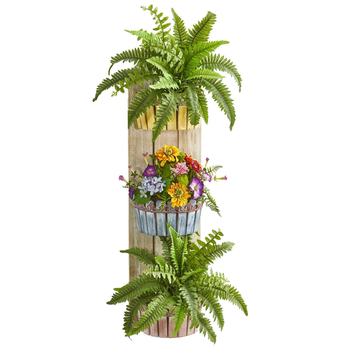 39” Mixed Floral & Fern Artificial Plant in Three-Tiered Wall Decor Planter by Nearly Natural