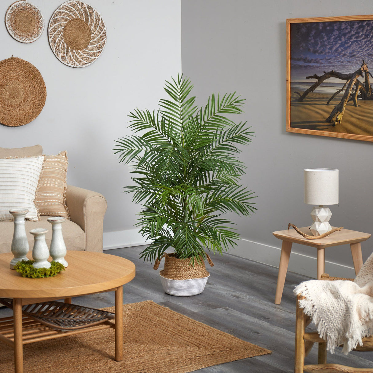 4' Areca Artificial Palm in Boho Chic Handmade Cotton & Jute White Woven Planter by Nearly Natural