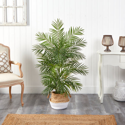4' Areca Artificial Palm in Boho Chic Handmade Cotton & Jute White Woven Planter by Nearly Natural