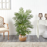 4' Areca Artificial Palm in Boho Chic Handmade Natural Cotton Woven Planter with Tassels by Nearly Natural