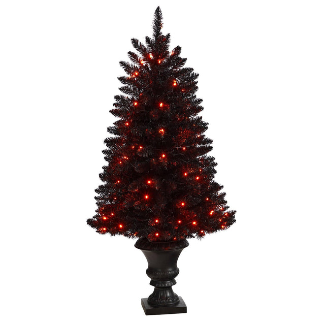 4’ Black Halloween Artificial Christmas Tree in Urn with 100 Orange LED Lights by Nearly Natural - Vysn