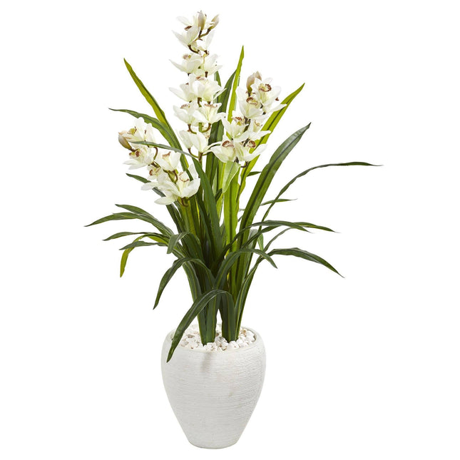 4’ Cymbidium Orchid Artificial Plant in White Planter by Nearly Natural