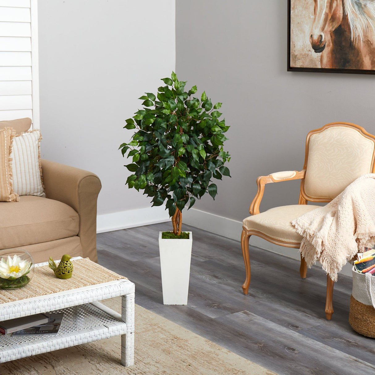 4’ Ficus Artificial Tree in White Tower Planter by Nearly Natural