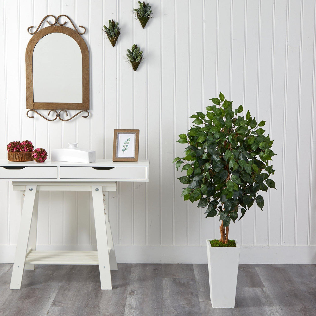 4’ Ficus Artificial Tree in White Tower Planter by Nearly Natural