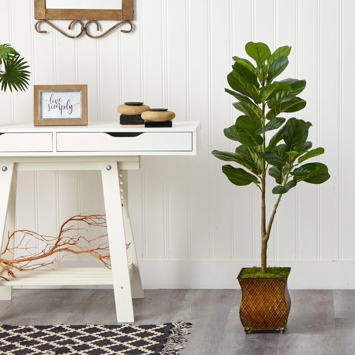 4’ Fiddle Leaf Fig Artificial Tree in Metal Planter with Faux Moss by Nearly Natural