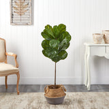 4’ Fiddle Leaf Tree in Boho Chic Handmade Cotton & Jute Gray Woven Planter UV Resistant by Nearly Natural