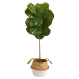 4’ Fiddle Leaf Tree in Boho Chic Handmade Cotton & Jute White Woven Planter UV Resistant by Nearly Natural