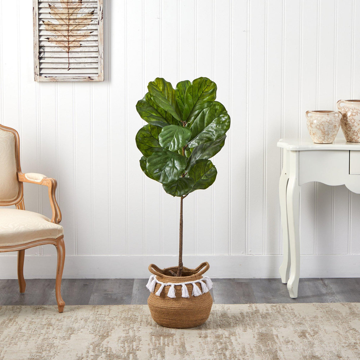 4’ Fiddle Leaf Tree in Boho Chic Handmade Natural Cotton Woven Planter with Tassels UV Resistant by Nearly Natural