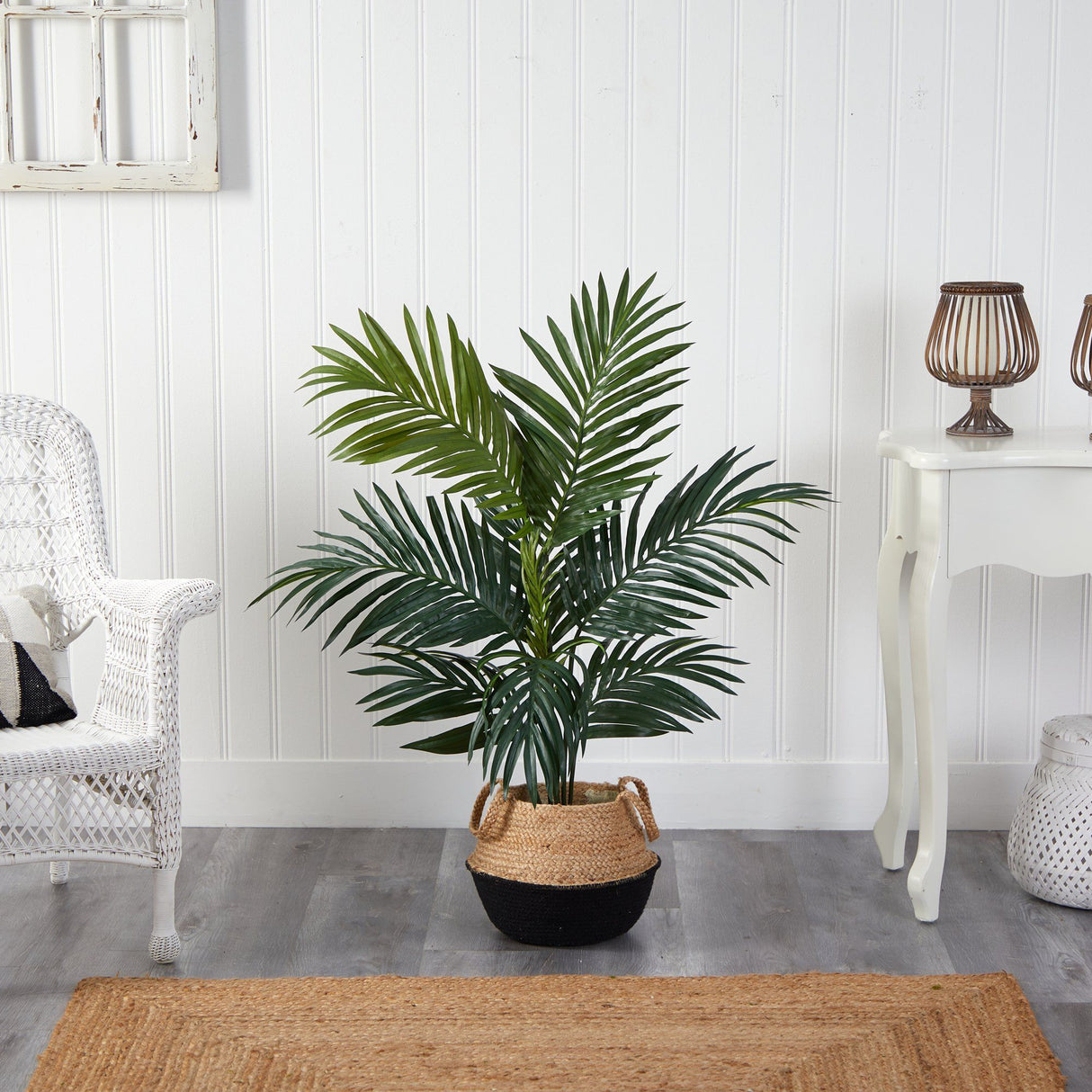 4' Kentia Palm Artificial Tree in Boho Chic Handmade Cotton & Jute Black Woven Planter by Nearly Natural